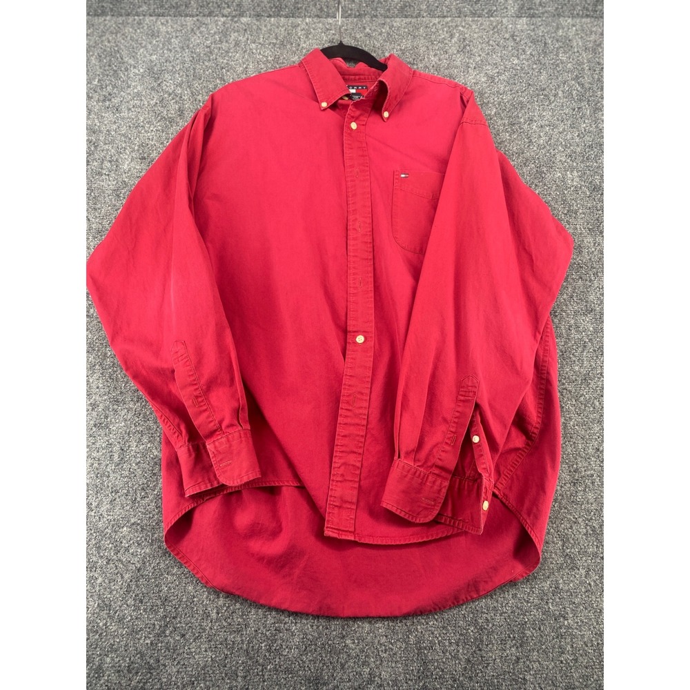 Tommy Hilfiger Button Down Shirt Mens Large Red Long Sleeve Twill Cotton Casual
